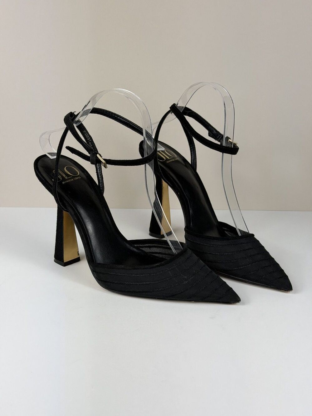 JLO Jennifer Lopez Black Pointed Toe Stiletto Pumps with Ankle Strap Buckle